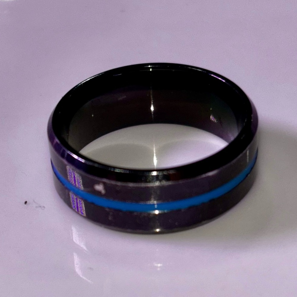 Black and Blue Thin Blue Line Police Support Metal Ring Sz 9 1/4
